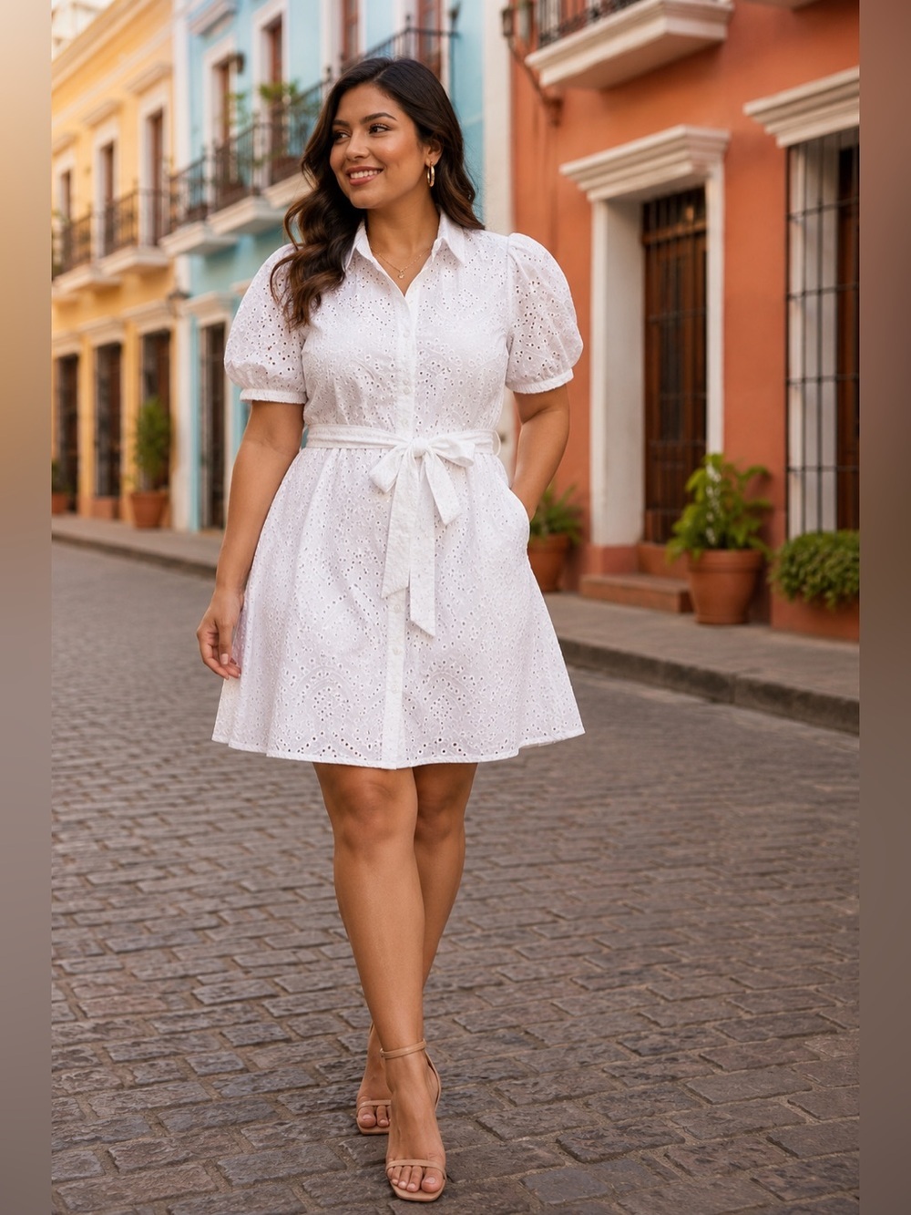 Sam Edelman White Eyelet Puff Sleeve Shirt Dress Tie Belt Lined Summer 14